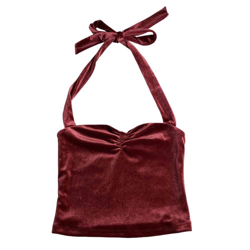 Garage Velvet Halter Top Womens XS Red Ruched Cropped Retro Y2K Indie Sleaze